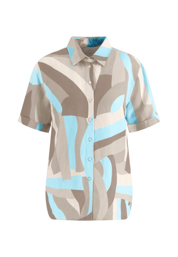 Kurzarm Bluse aus Leinen-Viskose-Mix mit Alloverprint Rabatt