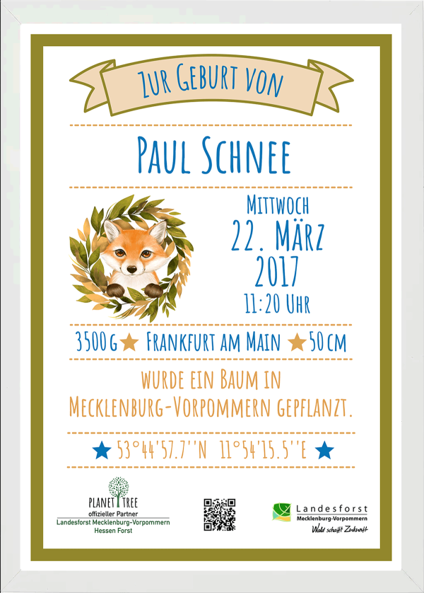 Geburtsurkunde Fuchs - gerahmt weiß Zu verkaufen
