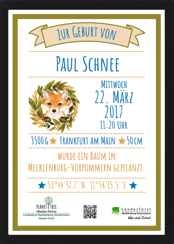 Geburtsurkunde Fuchs - gerahmt schwarz Angebot