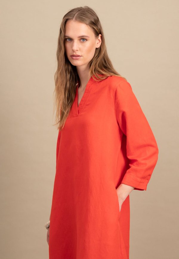 Midikleid aus Leinen-Viskose-Mix mit V-Ausschnitt und Bindegürtel Rabatt